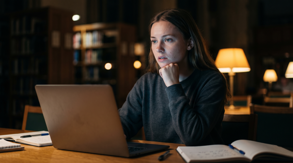 University student at a library desk at dusk, face lit by laptop glow, waiting on a result